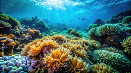 Aquatic slime forming a thick mat on the seafloor amidst oceanic plants and anemones, algae, sea, seafloor, water, marine life photo