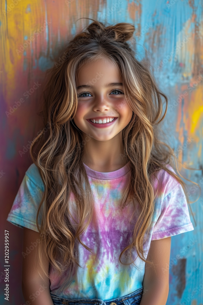 Happy Laughing Girl in Reverse Tie-Dye T-Shirt and Ripped Jeans Against Vibrant Studio Backdrop Happy Laughing Girl in Reverse Tie-Dye T-Shirt and Ripped Jeans Against Vibrant Studio Backdrop
