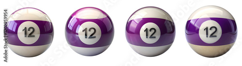 A set of sleek Purple with white stripe billiard ball featuring the number 12 prominently displayed
