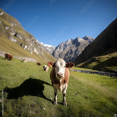 Brown and white cow stands ...