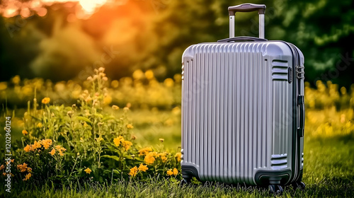 Silver Suitcase Stands on G...