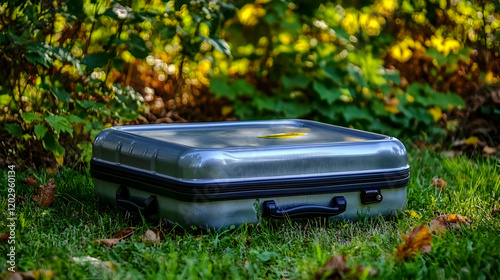 Gray Suitcase Rests on Gras...