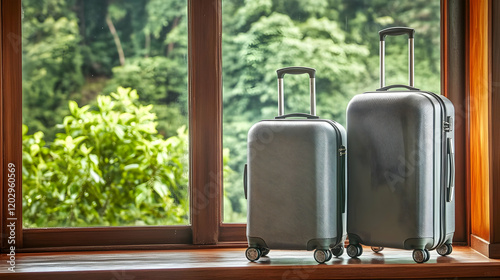 Two Gray Suitcases Sit by a...