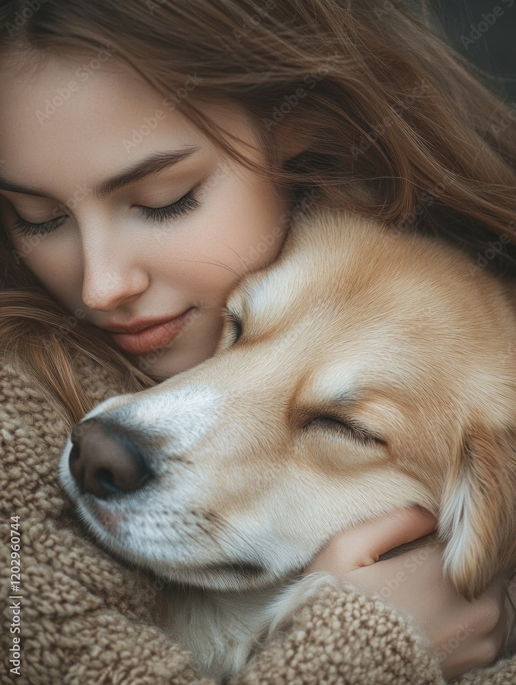 Woman hugs dog with eyes closed Woman hugs dog with eyes closed