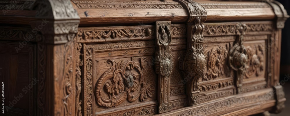 Fototapeta premium Ancient wooden chest with intricate carvings and patina, old, torn