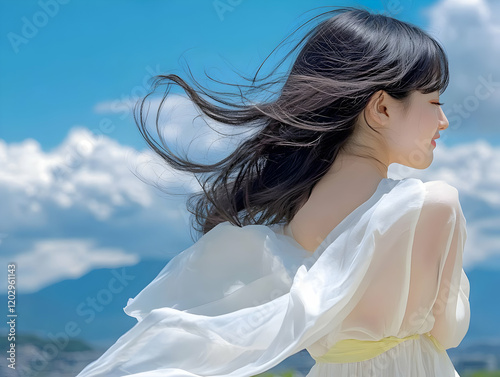 Woman in white dress stands...