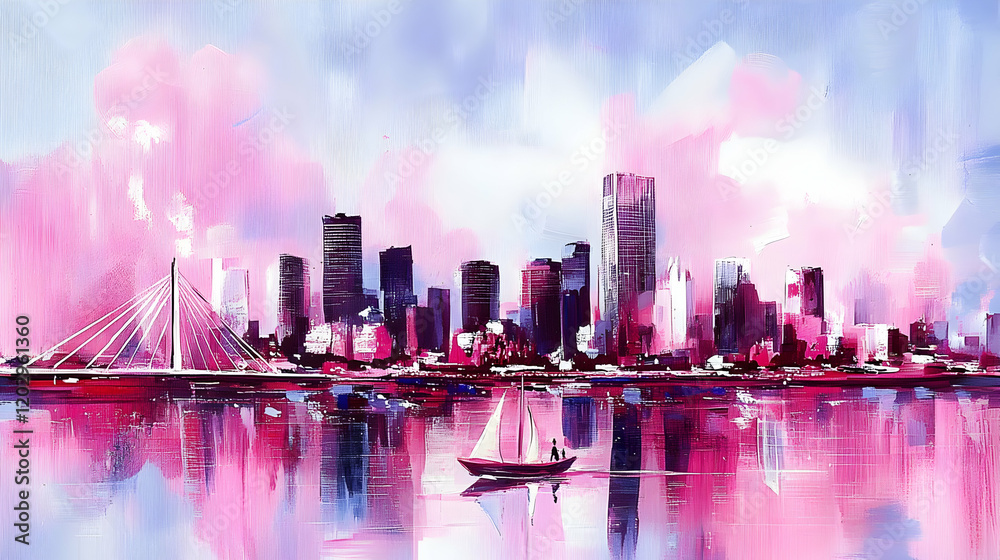Obraz premium Abstract Cityscape Painting with Sailboat, Bridge, and Pink and Purple Hues Beautifully