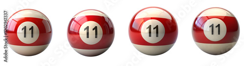 A set of sleek Red with white stripe billiard ball featuring the number 11 prominently displayed