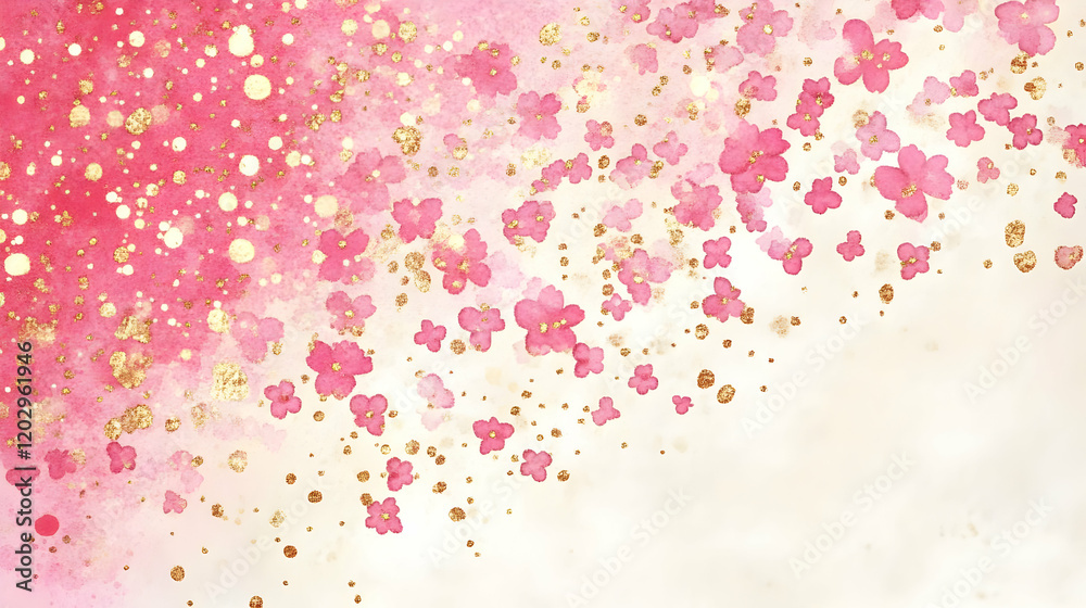 Pink Watercolor Flowers with Gold Glitter on a Pink and White Background Pink Watercolor Flowers with Gold Glitter on a Pink and White Background
