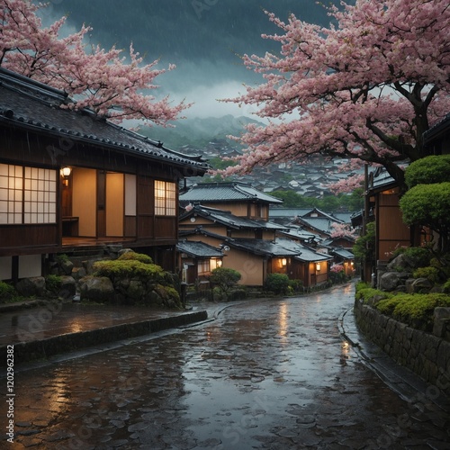 Create a stunning 16:9 wallpaper background depicting a beautiful Japanese village town in a vibrant anime cartoon style. 