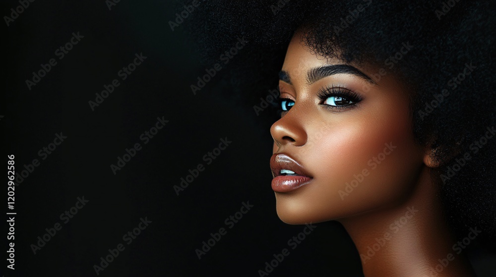 Fototapeta premium A serene and empowering profile of a young black woman with an afro, ideal for beauty campaigns, empowerment themes, or Black History Month promotions.