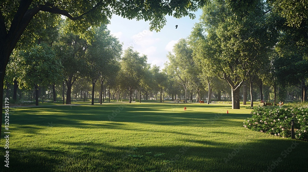 Obraz premium Lush green park with tall trees, sunlight filtering through leaves, creating shadows on grassy lawn.