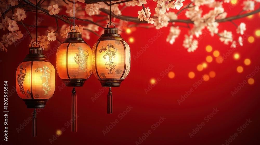 Traditional Chinese New Year lanterns with intricate golden patterns, glow warmly amidst cherry blossoms and sparkling bokeh on a vibrant red background. Traditional Chinese New Year lanterns with intricate golden patterns, glow warmly amidst cherry blossoms and sparkling bokeh on a vibrant red background.