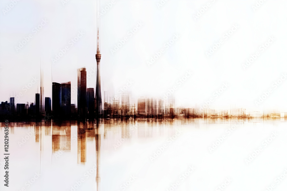 Fototapeta premium Abstract Cityscape Reflects in Water with Prominent Tower and Modern Buildings Serenely.
