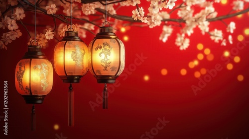 Traditional Chinese New Year lanterns with intricate golden patterns, glow warmly amidst cherry blossoms and sparkling bokeh on a vibrant red background.