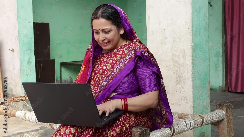 Happy rural indian woman working on laptop at home. Online job, Wireless technology. Web surfing. Domestic life india. 4k