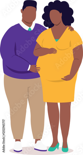 Plus Size Black Pregnant Wife With Her Husband Standing Together With Arms Around.