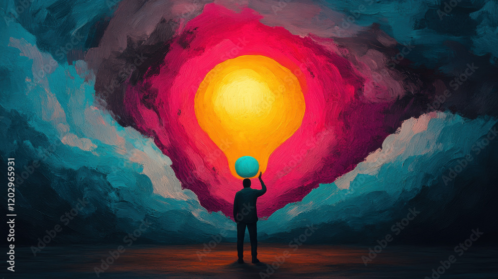 Fototapeta premium Bipolar Disorder, A vibrant image of a figure holding a glowing mint balloon, showcasing an enchanting atmosphere in high fidelity.