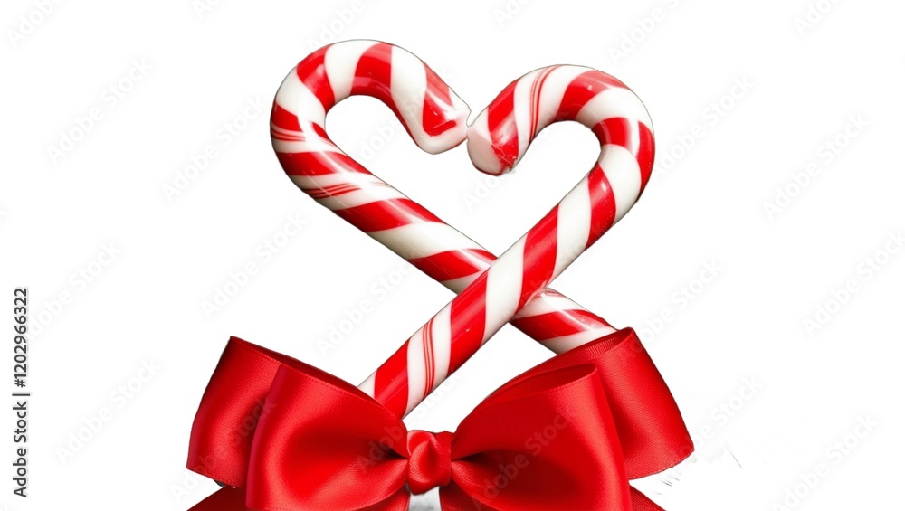 Two candy canes forming a heart shape tied with a red bow against a clean white background holiday theme Two candy canes forming a heart shape tied with a red bow against a clean white background holiday theme