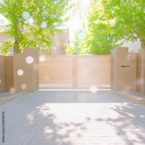 Closed Double Gates with Woven Wood Design on a Sunny Day with Trees and Lens Flare photo