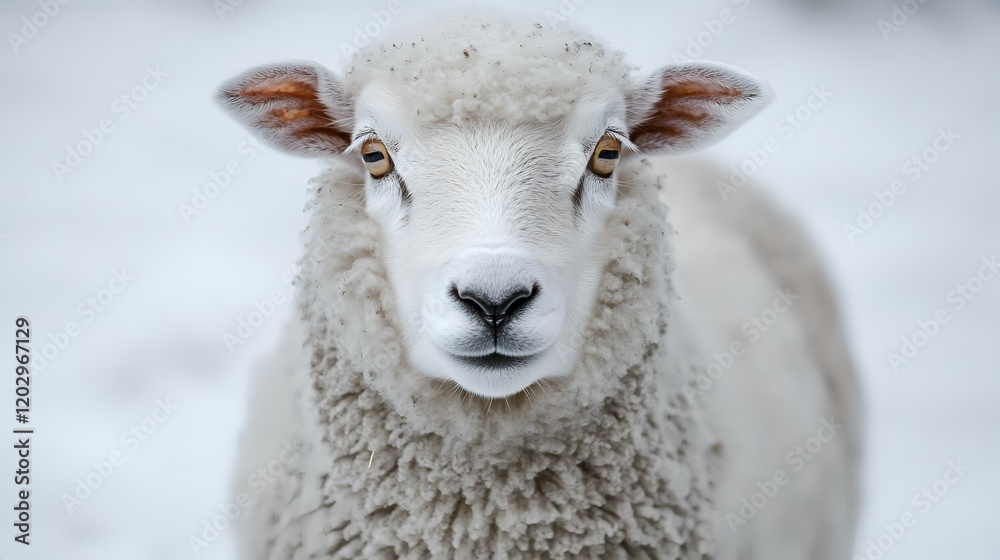 Obraz premium White Sheep Winter Portrait, Snowy Field Background, Farm Animal