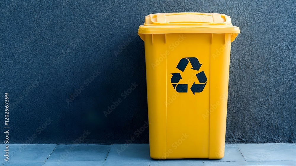Yellow Recycling Bin Against Gray Wall Outdoors Yellow Recycling Bin Against Gray Wall Outdoors