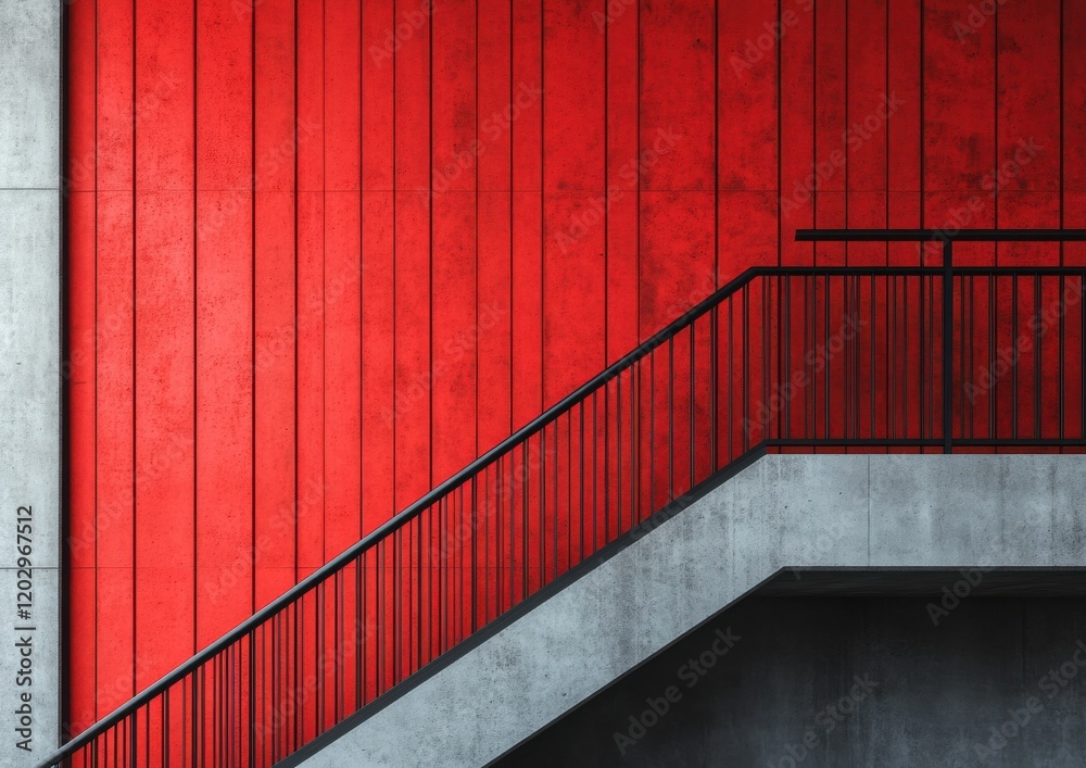 Modern Architectural Design Featuring Bold Red Wall and Concrete Staircase in Minimalist Style, Emphasizing Lines, Textures, and Color Contrast Modern Architectural Design Featuring Bold Red Wall and Concrete Staircase in Minimalist Style, Emphasizing Lines, Textures, and Color Contrast