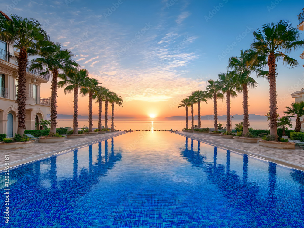 Fototapeta premium Sunrise Reflects in a Tranquil Infinity Pool Lined with Palm Trees at a Luxurious Resort