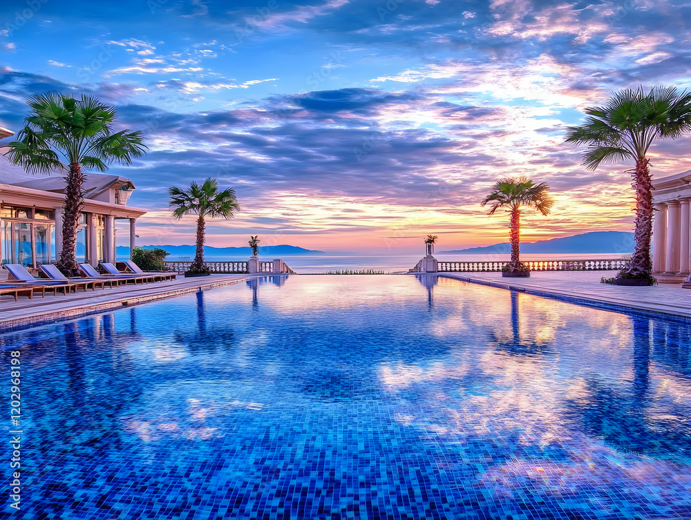 Fototapeta premium Luxury infinity pool reflects the vibrant sunset over tranquil ocean waters at a tropical resort.