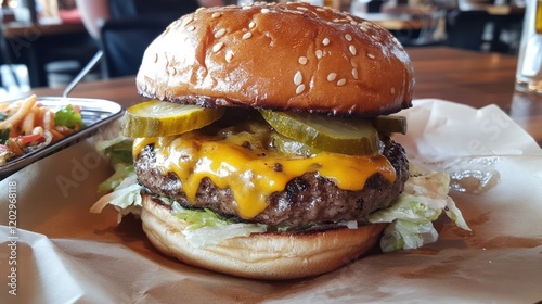 Delicious Cheeseburger with Pickles and Sesame Bun photo