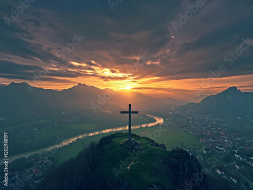 Cross stands tall on a hill...