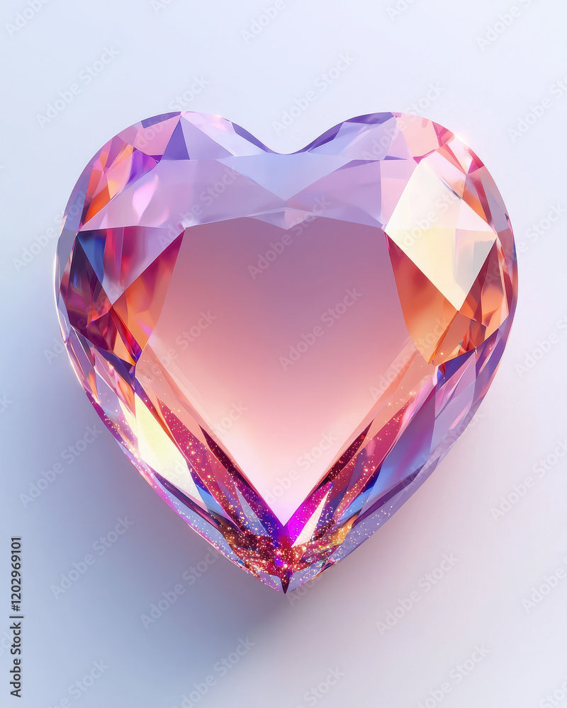 sparkling crystal heart with gradient of pink and orange hues, reflecting light beautifully on soft white background sparkling crystal heart with gradient of pink and orange hues, reflecting light beautifully on soft white background