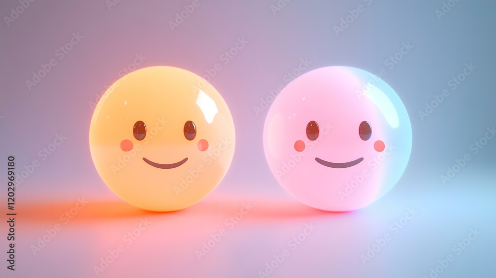 Happy emoji spheres glow, studio backdrop, digital art, website design