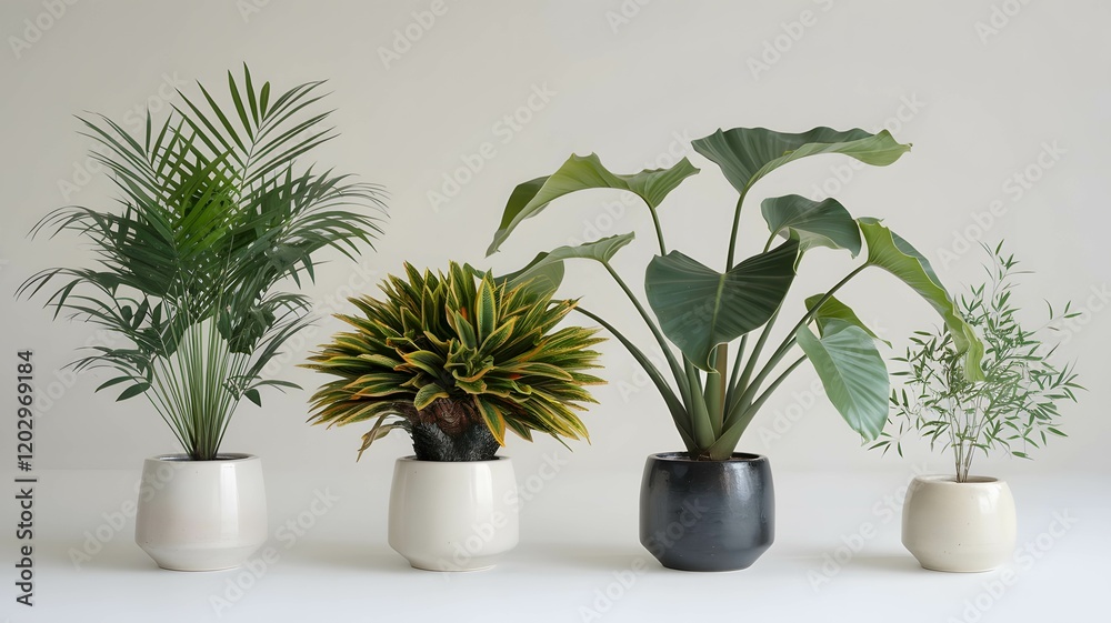 A collection of various potted plants arranged in a row against a neutral background showcasing greenery A collection of various potted plants arranged in a row against a neutral background showcasing greenery