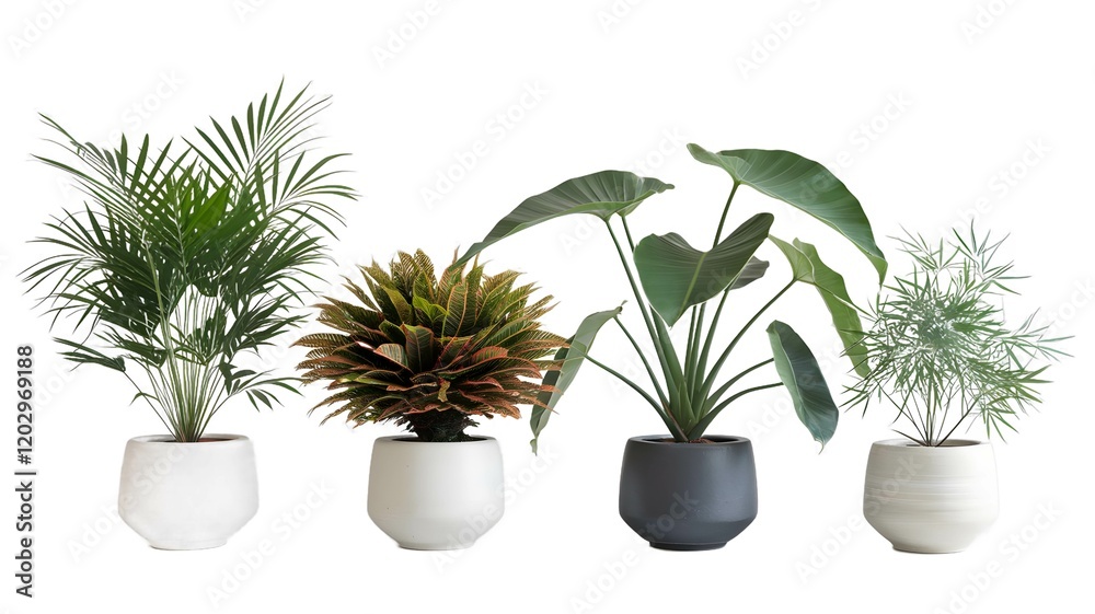 A serene collection of potted plants showcasing diverse foliage against a pristine white background studio shot A serene collection of potted plants showcasing diverse foliage against a pristine white background studio shot