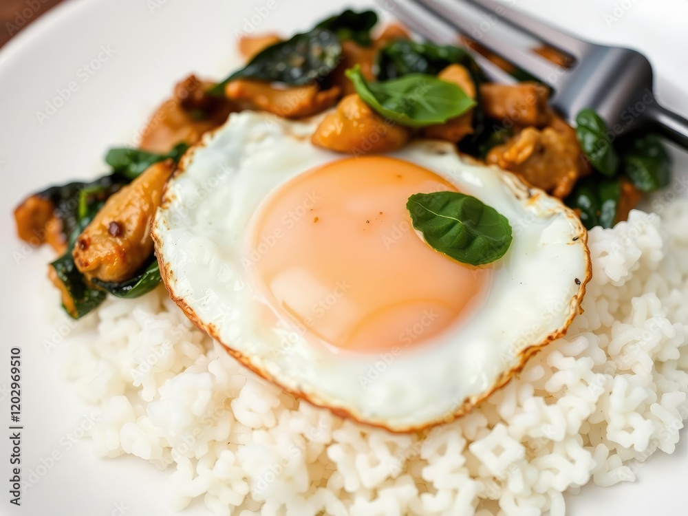 Close-up shot of chicken and stir fried basil served over a bed of white rice with a perfectly cooked fried egg on top, savory ingredients, white rice, crispy chicken