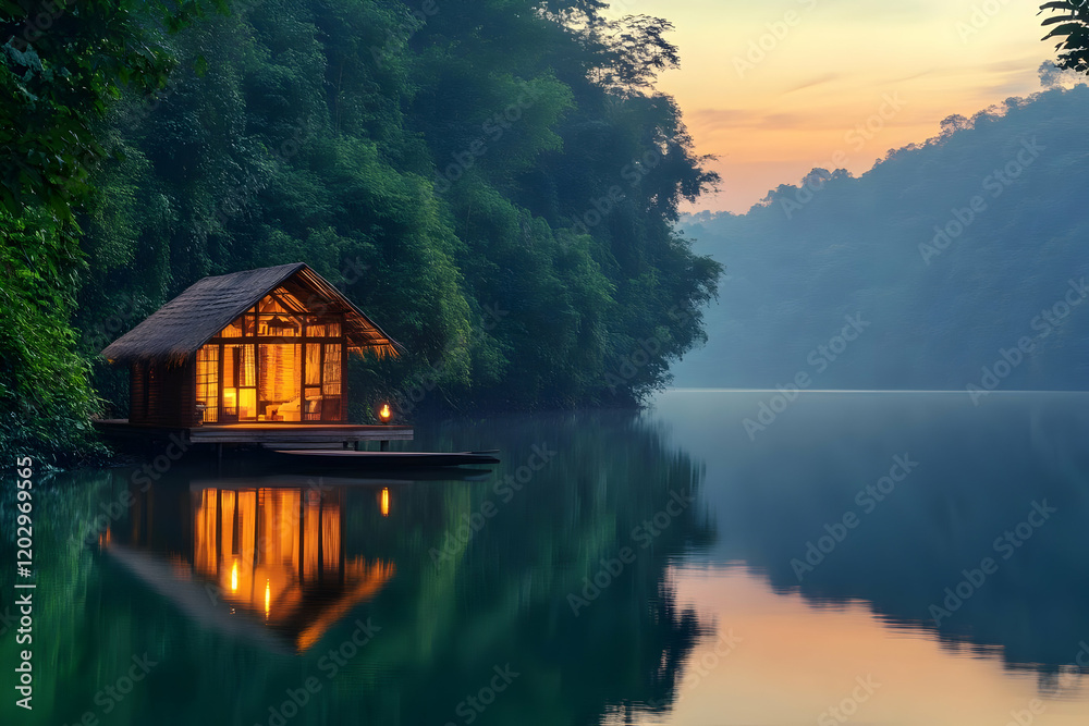 Obraz premium Floating Bungalow Glows on Calm Lake at Sunset Reflected Beautifully in Still Water with Lush Green Forest