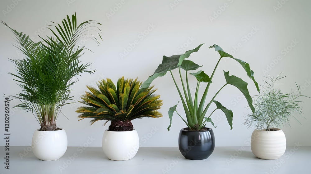 A photo of a lineup of four potted plants. From left to right, there is a tall, feathery green plant in a white pot; a bushy, vibrant A photo of a lineup of four potted plants. From left to right, there is a tall, feathery green plant in a white pot; a bushy, vibrant