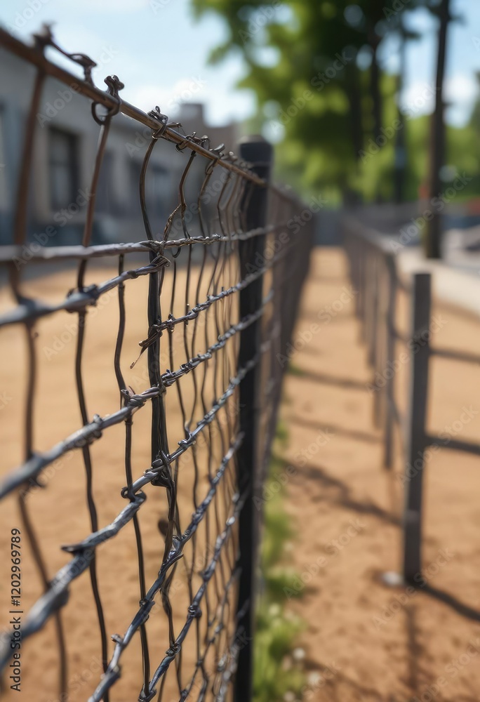 Close-up of wire fence with blurred background, barrier, unity, metal, togetherness Close-up of wire fence with blurred background, barrier, unity, metal, togetherness