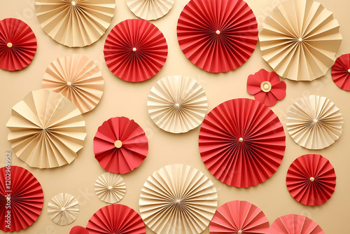 Red and Beige Paper Fans Ar...