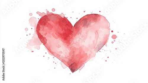 Red heart watercolor art, splattered paint on white background, for love message