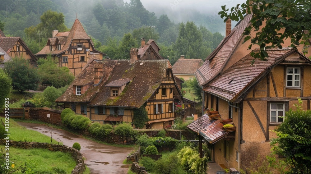 A charming village nestled in a valley A charming village nestled in a valley
