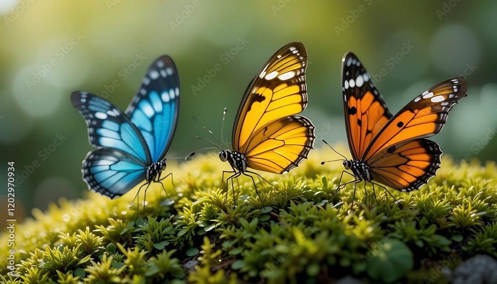 Naklejka premium Three Vibrant Butterflies on Lush Green Moss in a Sunlit Natural Setting