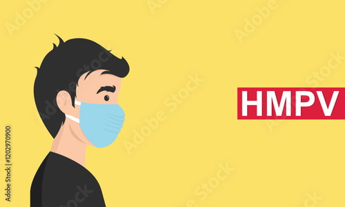 Man wearing medical mask to protect HMPV, human metapneumovirus, COVID-19 or prevent disease, flu, air pollution, contaminated air, world pollution concept.
