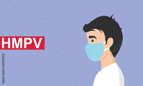 Man wearing medical mask to protect HMPV, human metapneumovirus, COVID-19 or prevent disease, flu, air pollution, contaminated air, world pollution concept.