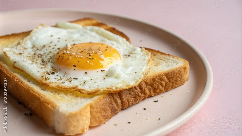 Close-up of a toasted white bread topped with a fried egg and served on a plain pink surface, , , foodphotography Close-up of a toasted white bread topped with a fried egg and served on a plain pink surface, , , foodphotography