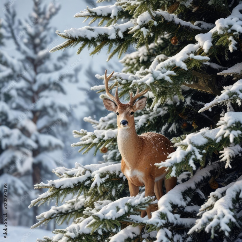 Close-up of a snow-covered Christmas tree with a deer standing in the background, winter scene, snowy forest, cold climate, white snow