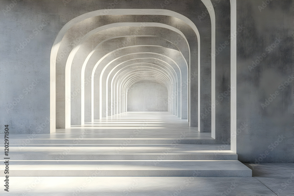 Fototapeta premium Modern Concrete Archway Corridor with Steps and Soft Lighting creates a Dramatic Perspective