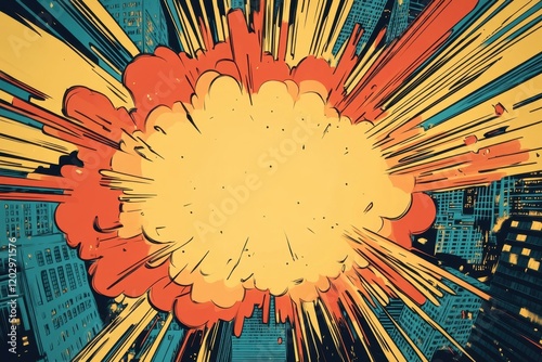 Comic style city explosion with bold colors	 photo