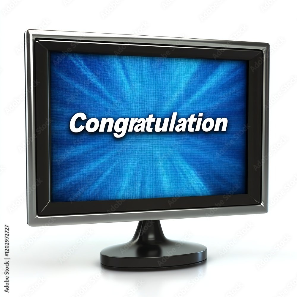 Computer monitor displaying a congratulatory message with vibrant blue background. Computer monitor displaying a congratulatory message with vibrant blue background.